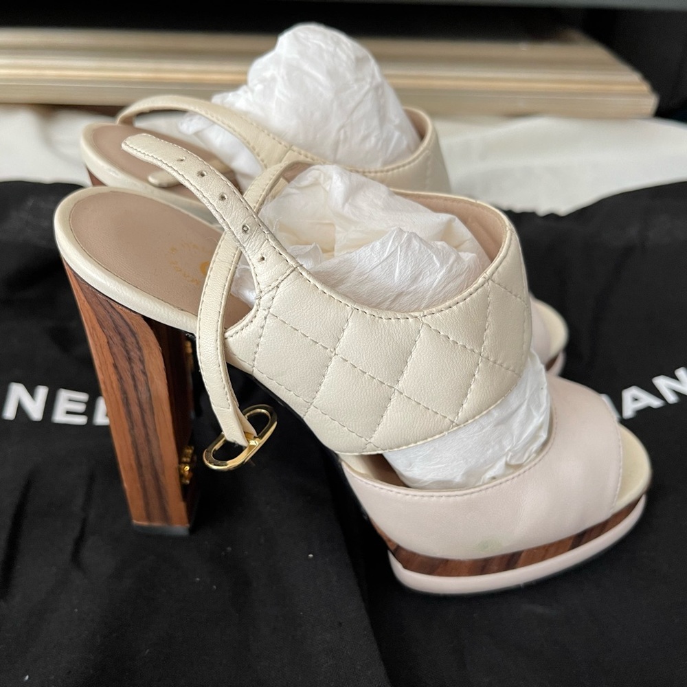 CHANEL Ivory Strap Wooden High Heels On Slippers (White/Wood) - 35EU